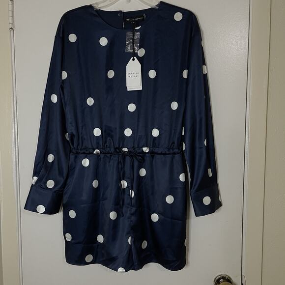 NEW! English Factory Dot Printed Satin Long Sleeve Romper Navy Medium - Picture 2 of 11